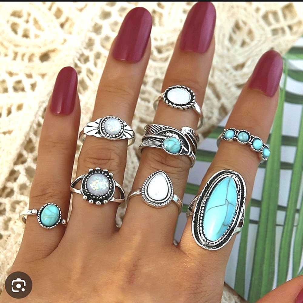 25 Silvery Rings Blue White Bohemian Ring Set 70s Style Hippie Rodeo Jewelry